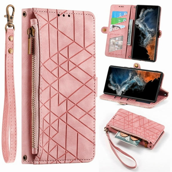 ELEHOLD for Samsung Galaxy A34 5G Case,Galaxy A34 5G Wallet Case for Women Men, Geometric Patterns PU Leather Magnetic Flip Strap Zipper Card Holder Phone Case,Pink