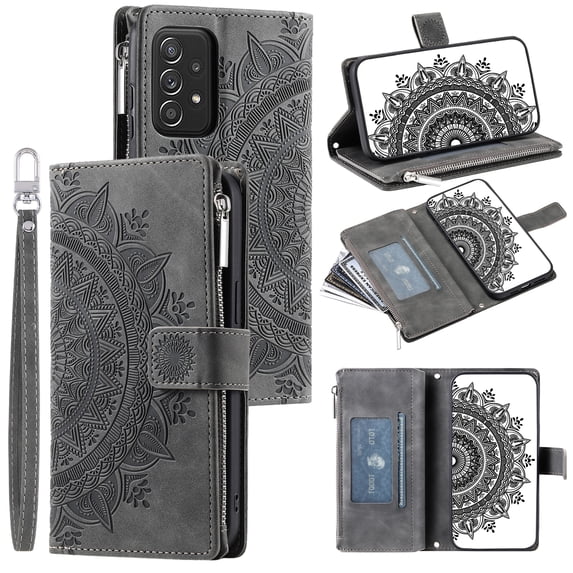 ELEHOLD for Samsung Galaxy A34 5G Multi-Function Wallet Case, Zipper Magnetic PU Leather Wrist Strap Card Holder Protective Wallet Stand for Women and Men Cover, gray