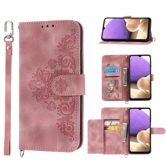 ELEHOLD for Samsung Galaxy A34 5G Shoulder Crossbody Wallet Case with Card Slots, Floral Embossed PU Leather Wallet Flip Protective Kickstand Wrist Strap Cover, pink