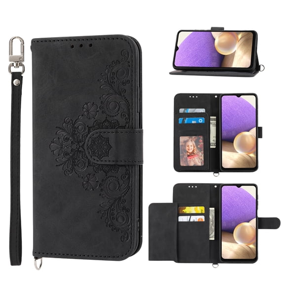 ELEHOLD for Samsung Galaxy A34 5G Shoulder Crossbody Wallet Case with Card Slots, Floral Embossed PU Leather Wallet Flip Protective Kickstand Wrist Strap Cover, black