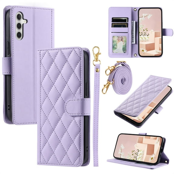 ELEHOLD for Samsung Galaxy A34 5G Wallet Crossbody Case PU Leather Cover with Card Slots Magnetic Clasp Kickstand Detachable Wriststrap Shoulder Strap Flip Shockpoof Cover,purple