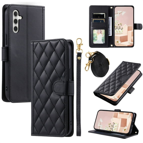 ELEHOLD for Samsung Galaxy A34 5G Wallet Crossbody Case PU Leather Cover with Card Slots Magnetic Clasp Kickstand Detachable Wriststrap Shoulder Strap Flip Shockpoof Cover,black