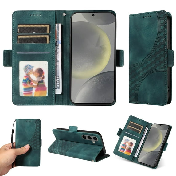 ELEHOLD For Samsung Galaxy A35 Leather Wallet Phone Case, Embossed Diamond Folio Flip Cover, Card Holder Cash Slot, Stand Support, Wrist Strap Lanyard -Green