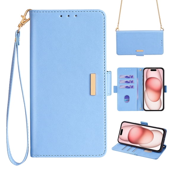 ELEHOLD for Samsung Galaxy A35 Wallet Case for Women Men with Gold Shoulder&Hand Strap Detachable Lanyard,PU Leather Kickstand Shockproof Protective Case for Samsung Galaxy A35,Blue