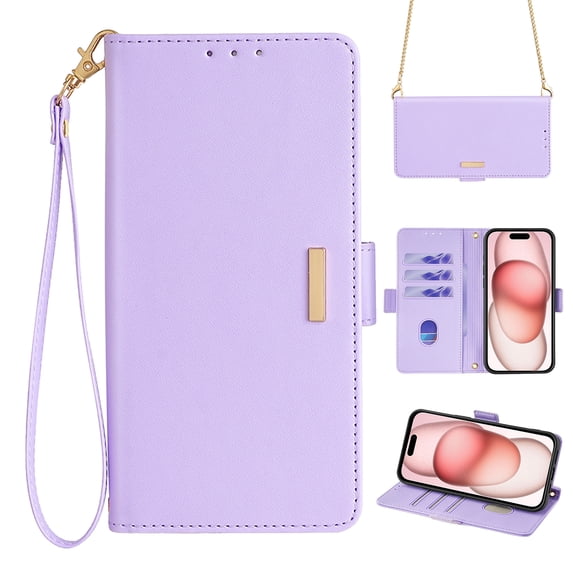 ELEHOLD for Samsung Galaxy A35 Wallet Case for Women Men with Gold Shoulder&Hand Strap Detachable Lanyard,PU Leather Kickstand Shockproof Protective Case for Samsung Galaxy A35,Purple