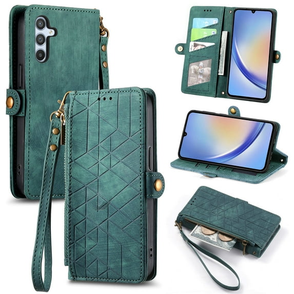 ELEHOLD for Samsung Galaxy A36 5G Flip Wallet Case, Shockproof Premium Vintage PU Leather Magnetic Geometric Handbag Zipper Pocket Card Holders Kickstand Wrist Strap, Green