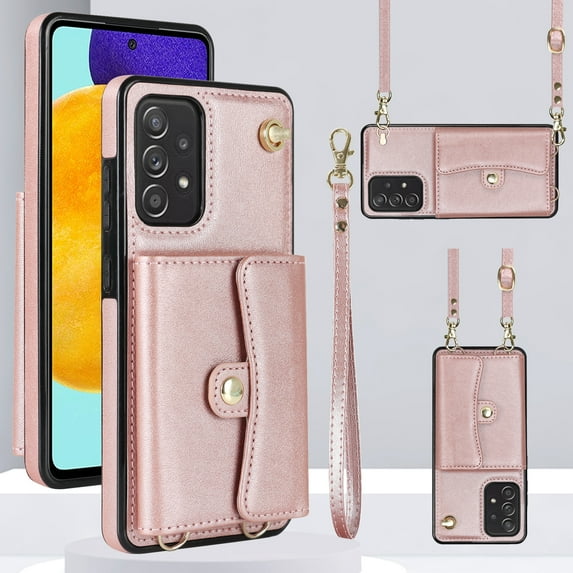 ELEHOLD for Samsung Galaxy A51 4G Multi-Functional Wallet Case Organ Card Slots RFID Blocking Stand Function Wrist Strap Crossbody Shoulder Strap Shockproof Purse Case,rosegold