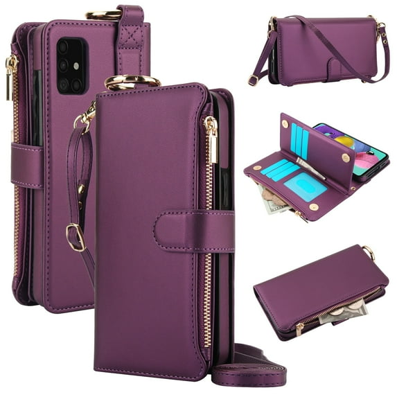 ELEHOLD For Samsung Galaxy A51 4G Phone Case Leather Crossbody Zipper Card Wallet Flip Case Kickstand Cover, with Ring Holder,Full Body Protection-Deeppurple