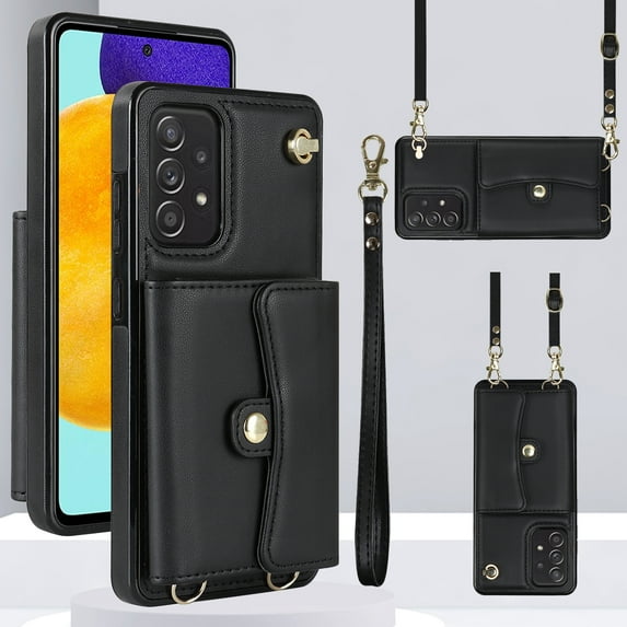 ELEHOLD for Samsung Galaxy A51 5G Multi-Functional Wallet Case Organ Card Slots RFID Blocking Stand Function Wrist Strap Crossbody Shoulder Strap Shockproof Purse Case,black