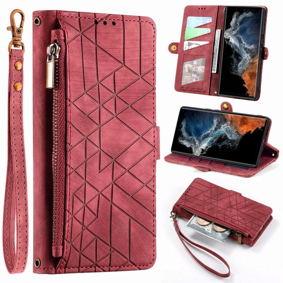 ELEHOLD for Samsung Galaxy A52 5G Case,Galaxy A52 5G Wallet Case for Women Men, Geometric Patterns PU Leather Magnetic Flip Strap Zipper Card Holder Phone Case,Red