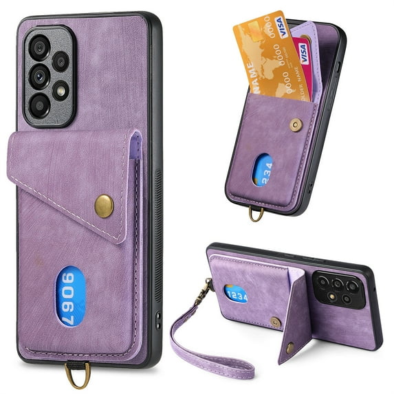ELEHOLD for Samsung Galaxy A52 5G, Wallet Case with Card Slots,Rugged Shockproof Anti Scratch Kickstand with Hand Strap Wallet Case,Support Magnetic Car Mount, purple