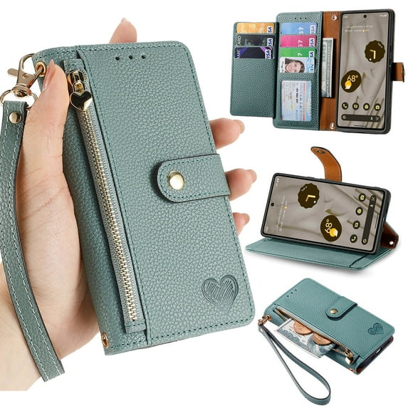 ELEHOLD for Samsung Galaxy A52 5G Wallet Case, PU Leather Flip Folio Case with 7 Card Holders Zipper Pocket RFID Blocking Kickstand Shockproof TPU Inner Shell Phone Cover for Galaxy A52 5G,Green