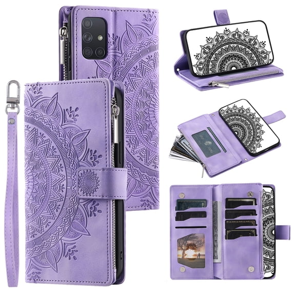 ELEHOLD for Samsung Galaxy A52 6.5" (2021) Multi-Function Wallet Case, Zipper Magnetic PU Leather Wrist Strap Card Holder Protective Wallet Stand for Women and Men Cover, purple