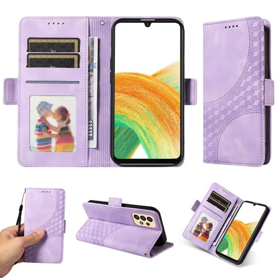 ELEHOLD For Samsung Galaxy A52 Leather Wallet Phone Case, Embossed Diamond Folio Flip Cover, Card Holder Cash Slot, Stand Support, Wrist Strap Lanyard -Purple