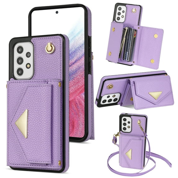 ELEHOLD for Samsung Galaxy A53 5G Case Premium Leather Wallet with Back Organ Card Holders Kickstand Function Crossbody Shoulder Strap Luxury Shockproof Women Purse Cover ,purple
