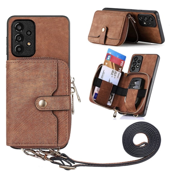 ELEHOLD Samsung Galaxy A53 5G Crossbody Wallet Case, Zipper PU Leather Phone Case with Card Holder Wrist Strap Purse Cover for Samsung Galaxy A53 5G,Brown