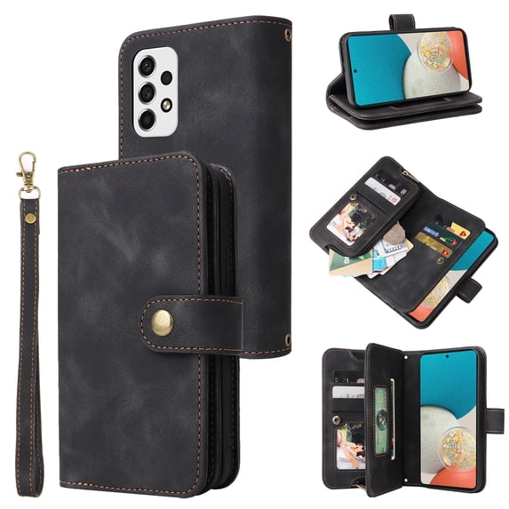 ELEHOLD for Samsung Galaxy A53 5G Flip Leather Wallet Case with Card Holders Kickstand Magnetic Clasp Lanyard Shoulder Strap Shockproof Protective Case,Black