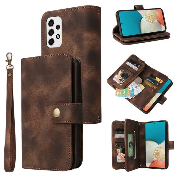 ELEHOLD for Samsung Galaxy A53 5G Flip Leather Wallet Case with Card Holders Kickstand Magnetic Clasp Lanyard Shoulder Strap Shockproof Protective Case,Brown