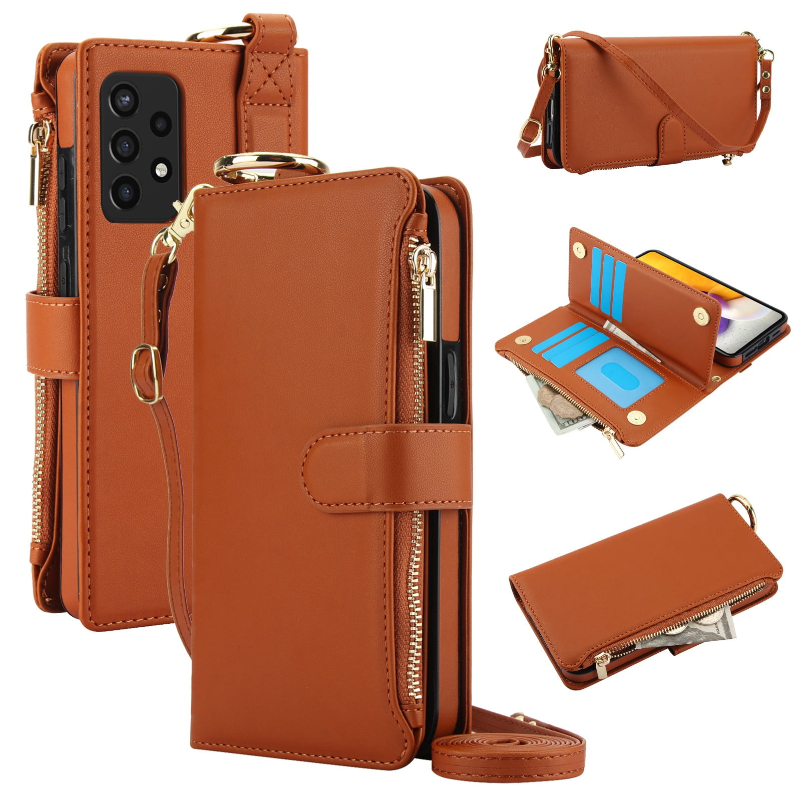 ELEHOLD For Samsung Galaxy A53 5G Phone Case Leather Crossbody Zipper Card Wallet Flip Case Kickstand Cover, with Ring Holder,Full Body Protection-Brown
