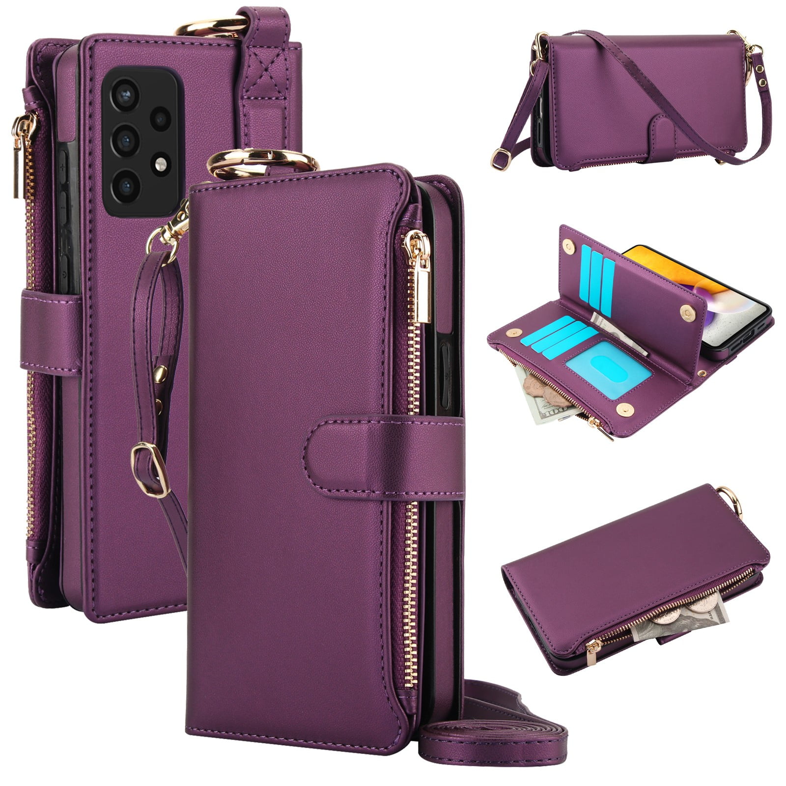 ELEHOLD For Samsung Galaxy A53 5G Phone Case Leather Crossbody Zipper Card Wallet Flip Case Kickstand Cover, with Ring Holder,Full Body Protection-Deeppurple