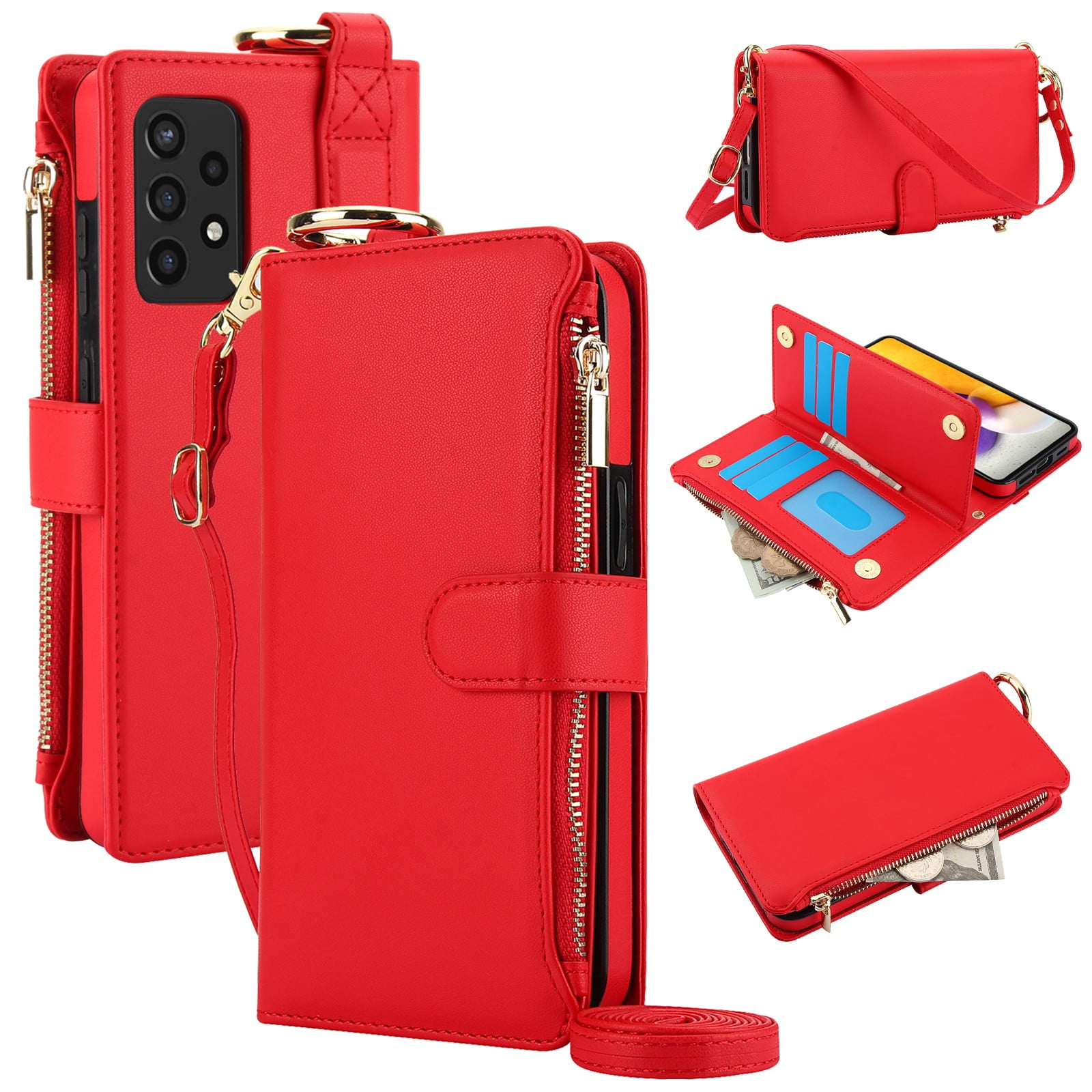ELEHOLD For Samsung Galaxy A53 5G Phone Case Leather Crossbody Zipper Card Wallet Flip Case Kickstand Cover, with Ring Holder,Full Body Protection-Red