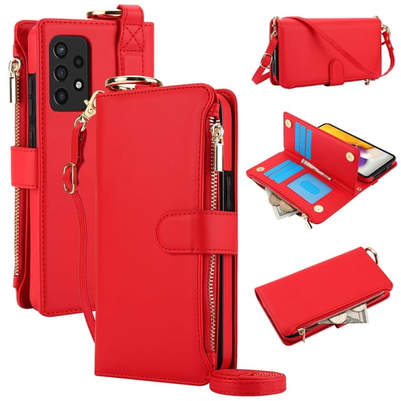 ELEHOLD For Samsung Galaxy A53 5G Phone Case Leather Crossbody Zipper Card Wallet Flip Case Kickstand Cover, with Ring Holder,Full Body Protection-Red
