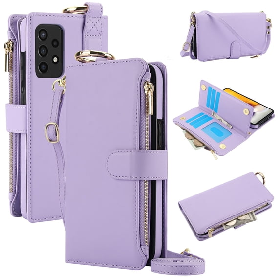 ELEHOLD For Samsung Galaxy A53 5G Phone Case Leather Crossbody Zipper Card Wallet Flip Case Kickstand Cover, with Ring Holder,Full Body Protection-Violet