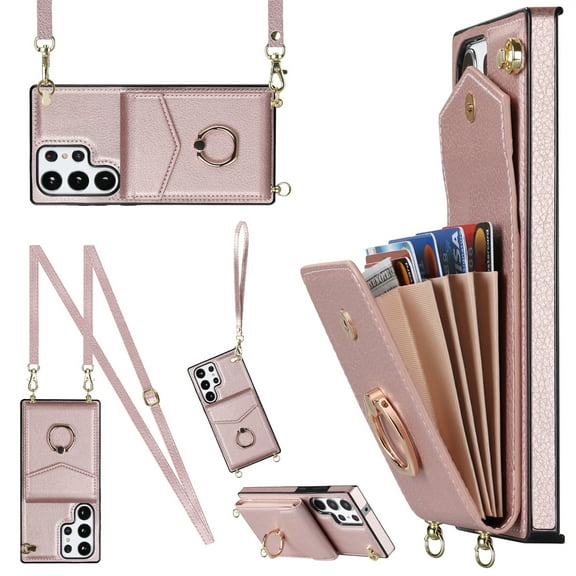 ELEHOLD for Samsung Galaxy A53 5G, Shockproof PU Leather Case with Rotation Ring Stand Adjustable Shoulder Strap,Card Slots Stand RFID Blocking Protective Case Cover, rosegold