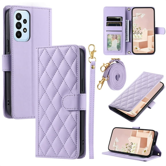 ELEHOLD for Samsung Galaxy A53 5G Wallet Crossbody Case PU Leather Cover with Card Slots Magnetic Clasp Kickstand Detachable Wriststrap Shoulder Strap Flip Shockpoof Cover,purple