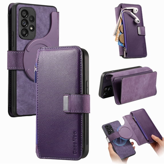 ELEHOLD for Samsung Galaxy A53 5G Zipper Wallet Case,Magnetic Detachable RFID Flip Card Slots Stand Function Shockproof Full Protective Leather Case for Samsung Galaxy A53 5G,Purple