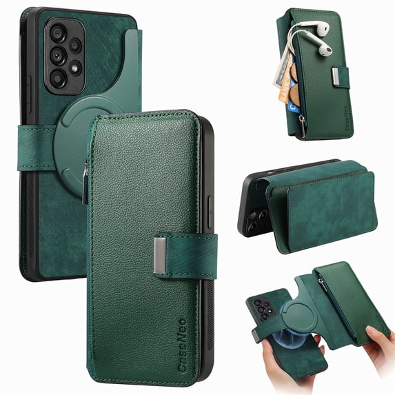 ELEHOLD for Samsung Galaxy A53 5G Zipper Wallet Case,Magnetic Detachable RFID Flip Card Slots Stand Function Shockproof Full Protective Leather Case for Samsung Galaxy A53 5G,Green
