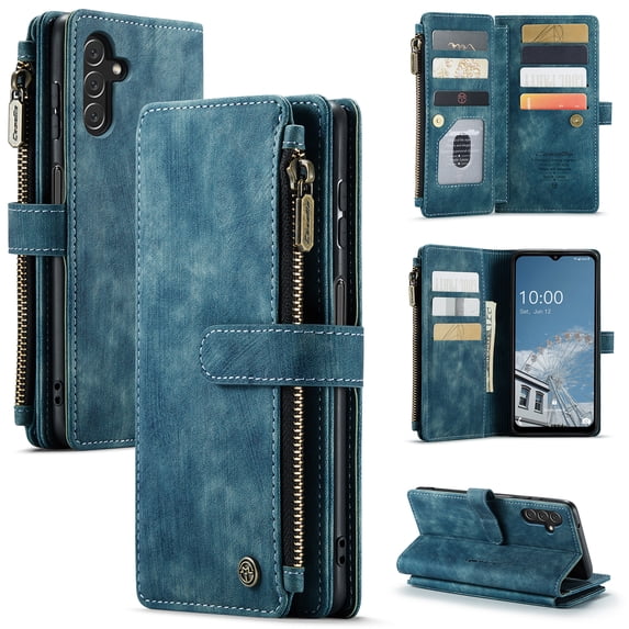 ELEHOLD for Samsung Galaxy A54 5G Case for Men Women Wallet Case, Premium Leather Shockproof Purse Case with Credit Card Slots Zipper Pocket Anti-Loss Wriststrap for Samsung A54 5G,Blue