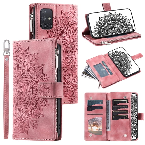 ELEHOLD for Samsung Galaxy A54 5G Multi-Function Wallet Case, Zipper Magnetic PU Leather Wrist Strap Card Holder Protective Wallet Stand for Women and Men Cover, pink