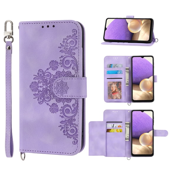 ELEHOLD for Samsung Galaxy A54 5G Shoulder Crossbody Wallet Case with Card Slots, Floral Embossed PU Leather Wallet Flip Protective Kickstand Wrist Strap Cover, purple