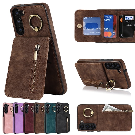 ELEHOLD for Samsung Galaxy A54 5G Vintage Leather Wallet Case,Practical Card Holders RFID Blocking Zipper Wallet Kickstand Ring Holder Shockproof Anti-Scratch Case for Women Men,Brown