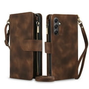 ELEHOLD for Samsung Galaxy A55 Wallet Case,Flip Leather Women Men Credit Card Cash Slot Zipper Kickstand Shockproof Protective Case with Crossbody Wrist Strap for Samsung Galaxy A55,Brown