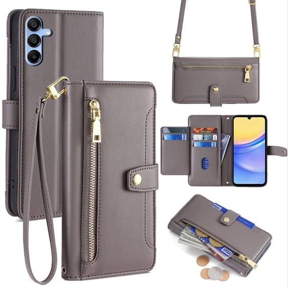 ELEHOLD for Samsung Galaxy A56 5G Wallet Case Crossbody, Zipper Phone Case with Card Holder Large Capacity Wrist Strap Leather Purse Cover for Women Men for Samsung Galaxy A56 5G,Gray