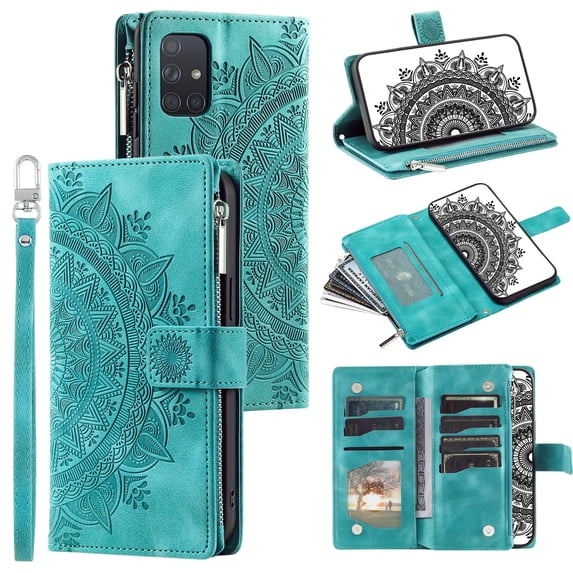 ELEHOLD for Samsung Galaxy A71 4G Multi-Function Wallet Case, Zipper Magnetic PU Leather Wrist Strap Card Holder Protective Wallet Stand for Women and Men Cover, green