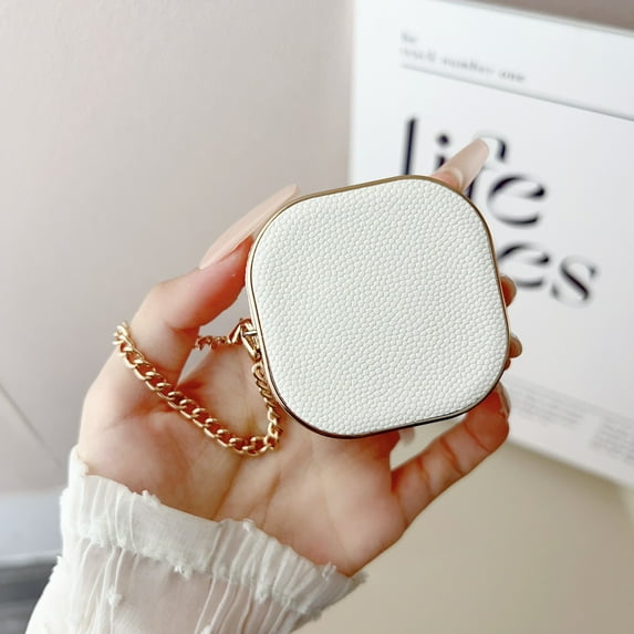 ELEHOLD for Samsung Galaxy Buds FE/ Galaxy Buds Live/ Galaxy Buds 2/ Galaxy Buds Pro/Galaxy Buds 2 Pro Case,Luxury Leather Shockproof Case with Metal Strap,White