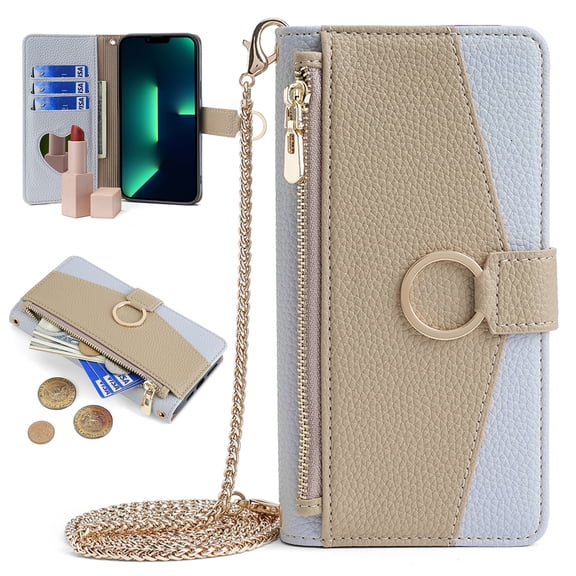 ELEHOLD for Samsung Galaxy Note 20 Leather Wallet Case with Card Slots Cash Pocket Zipper Purse Hidden Mirror,Luxury Crossbody Metal Chain Strap Wallet Case for Women Girls,blue