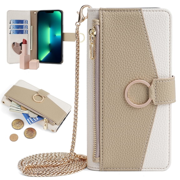 ELEHOLD for Samsung Galaxy Note 20 Leather Wallet Case with Card Slots Cash Pocket Zipper Purse Hidden Mirror,Luxury Crossbody Metal Chain Strap Wallet Case for Women Girls,white