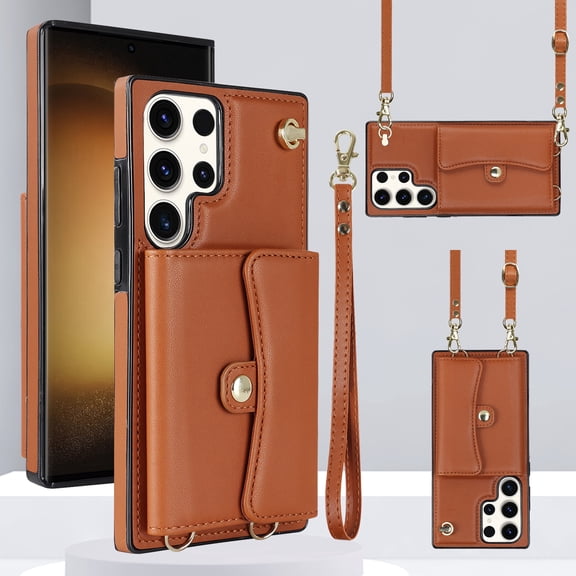 ELEHOLD for Samsung Galaxy Note 20 Multi-Functional Wallet Case Organ Card Slots RFID Blocking Stand Function Wrist Strap Crossbody Shoulder Strap Shockproof Purse Case,brown