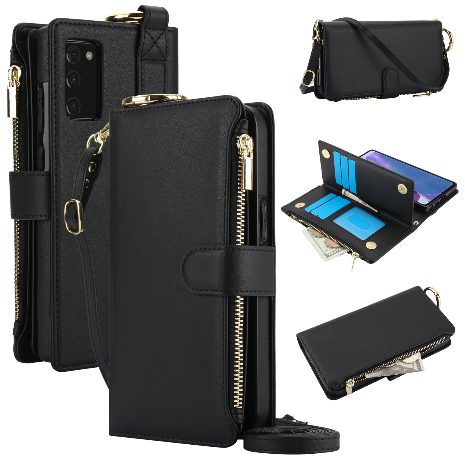 ELEHOLD For Samsung Galaxy Note 20 Phone Case Leather Crossbody Zipper Card Wallet Flip Case Kickstand Cover, with Ring Holder,Full Body Protection-Black