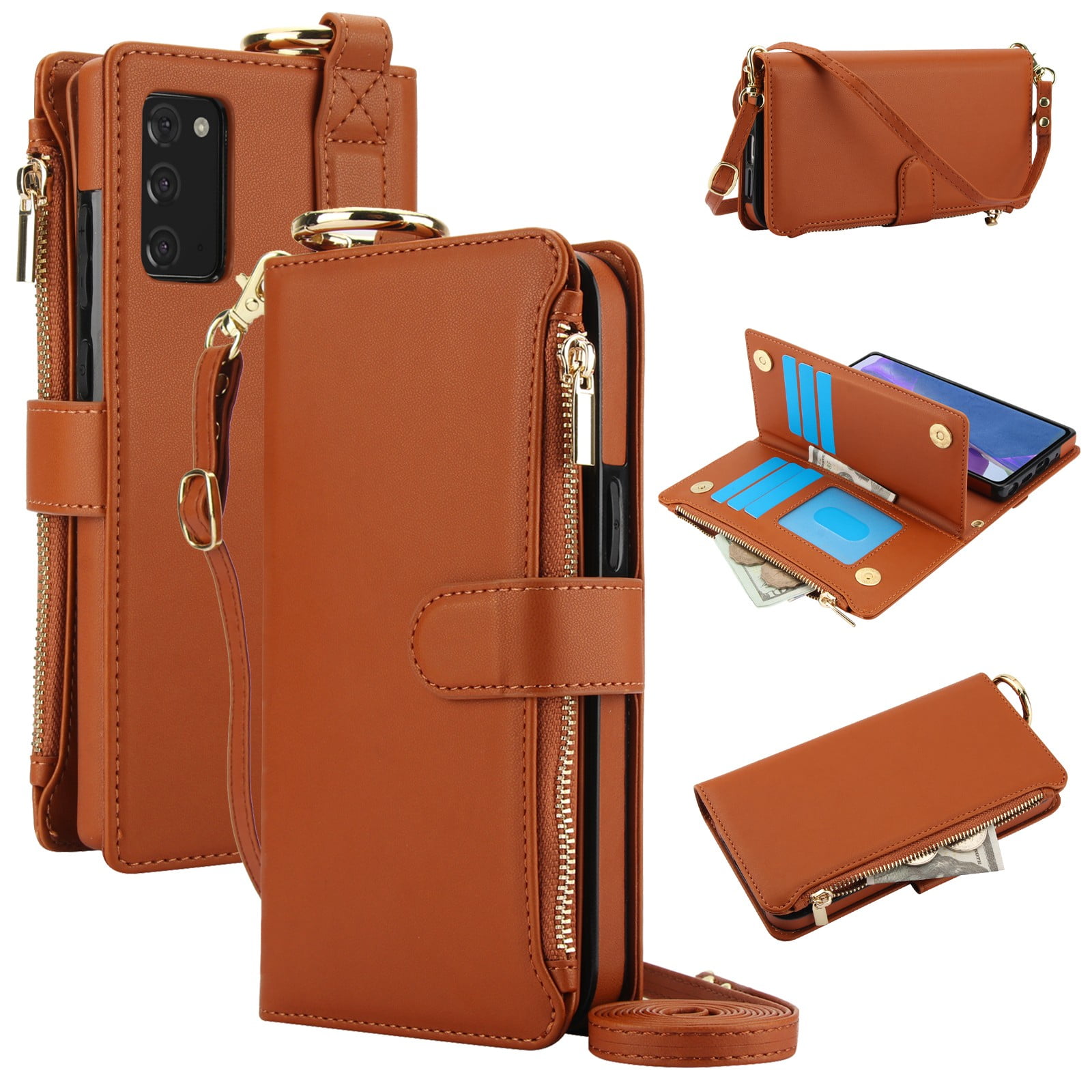 ELEHOLD For Samsung Galaxy Note 20 Phone Case Leather Crossbody Zipper Card Wallet Flip Case Kickstand Cover, with Ring Holder,Full Body Protection-Brown