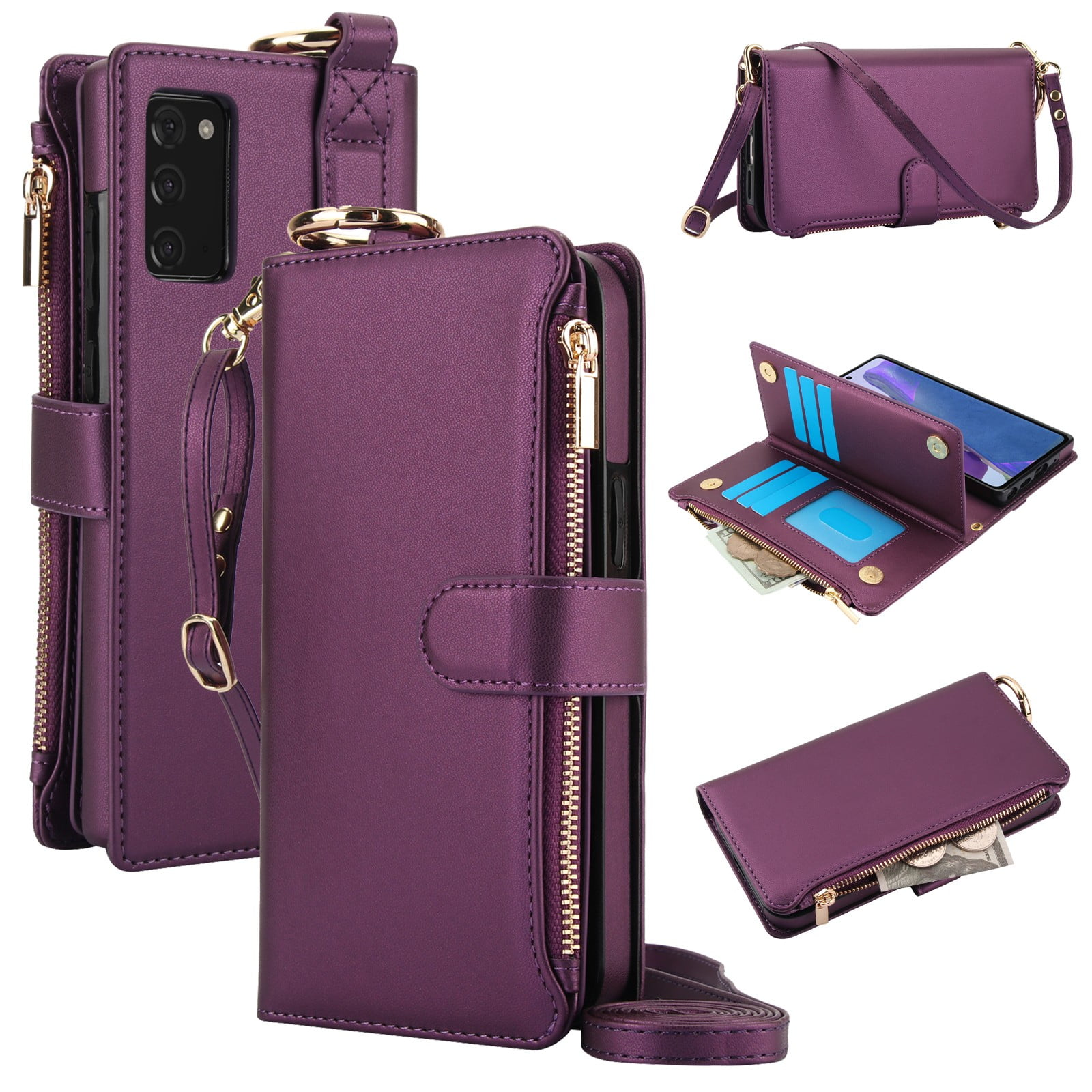 ELEHOLD For Samsung Galaxy Note 20 Phone Case Leather Crossbody Zipper Card Wallet Flip Case Kickstand Cover, with Ring Holder,Full Body Protection-Deeppurple