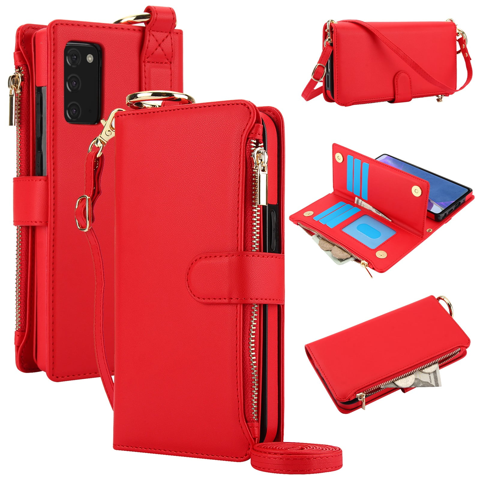ELEHOLD For Samsung Galaxy Note 20 Phone Case Leather Crossbody Zipper Card Wallet Flip Case Kickstand Cover, with Ring Holder,Full Body Protection-Red