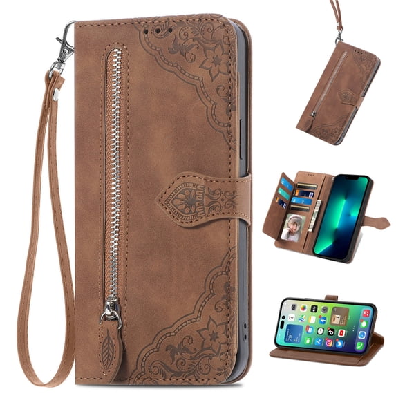 ELEHOLD for Samsung Galaxy Note 20, Samsung Galaxy Note 20 Wallet Case for Women Men, Durable Embossed PU Leather Magnetic Flip Zipper Card Holder Phone Case with Wristlet Strap, Brown