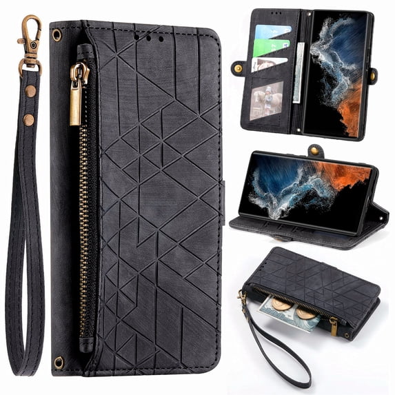 ELEHOLD for Samsung Galaxy Note 20 Ultra Case,Galaxy Note 20 Ultra Wallet Case for Women Men, Geometric Patterns PU Leather Magnetic Flip Strap Zipper Card Holder Phone Case,Black