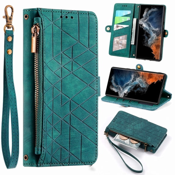 ELEHOLD for Samsung Galaxy Note 20 Ultra Case,Galaxy Note 20 Ultra Wallet Case for Women Men, Geometric Patterns PU Leather Magnetic Flip Strap Zipper Card Holder Phone Case,Green