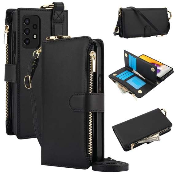 ELEHOLD For Samsung Galaxy Note 20 Ultra Phone Case Leather Crossbody Zipper Card Wallet Flip Case Kickstand Cover, with Ring Holder,Full Body Protection-Black